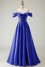 HEULORIA Off-the-Shoulder Sequin Beaded Satin Prom Dress with Slit & Corset Back ED-586