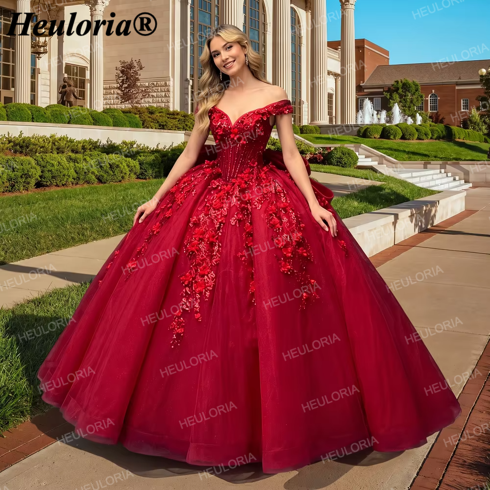 Red Off-Shoulder 3D Floral Corset Ball Gown Quinceañera Dress with Bow BA-48