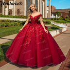 Red Off-Shoulder 3D Floral Corset Ball Gown Quinceañera Dress with Bow BA-48