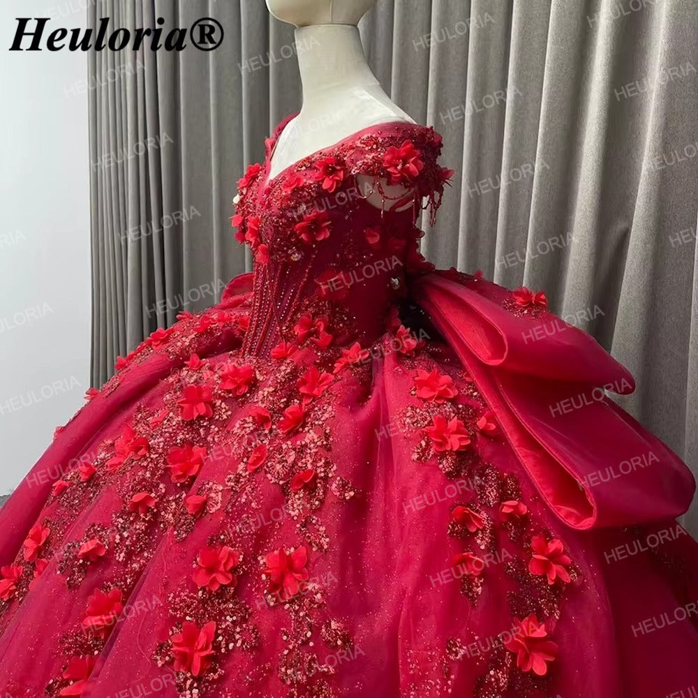 Red Off-Shoulder 3D Floral Corset Ball Gown Quinceañera Dress with Bow BA-48