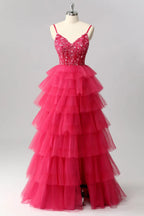 HEULORIA Fuchsia V-Neck Tiered Tulle Prom Dress with Sequin Floral Bodice and Lace-Up Back ED-222