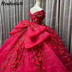 Red Off-Shoulder 3D Floral Corset Ball Gown Quinceañera Dress with Bow BA-48