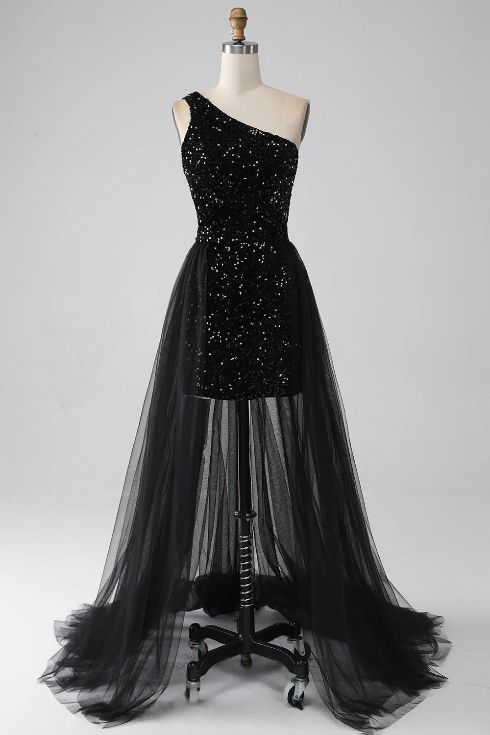 HEULORIA Black One-Shoulder Sequin Prom Dress with Sheer Tulle Overlay ED-105