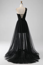 HEULORIA Black One-Shoulder Sequin Prom Dress with Sheer Tulle Overlay ED-105