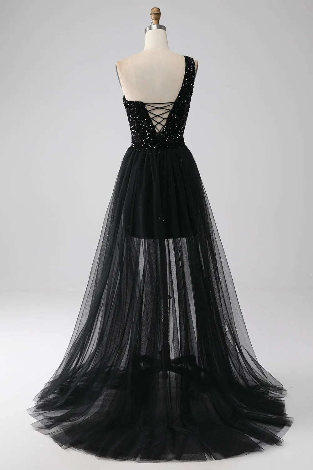 HEULORIA Black One-Shoulder Sequin Prom Dress with Sheer Tulle Overlay ED-105