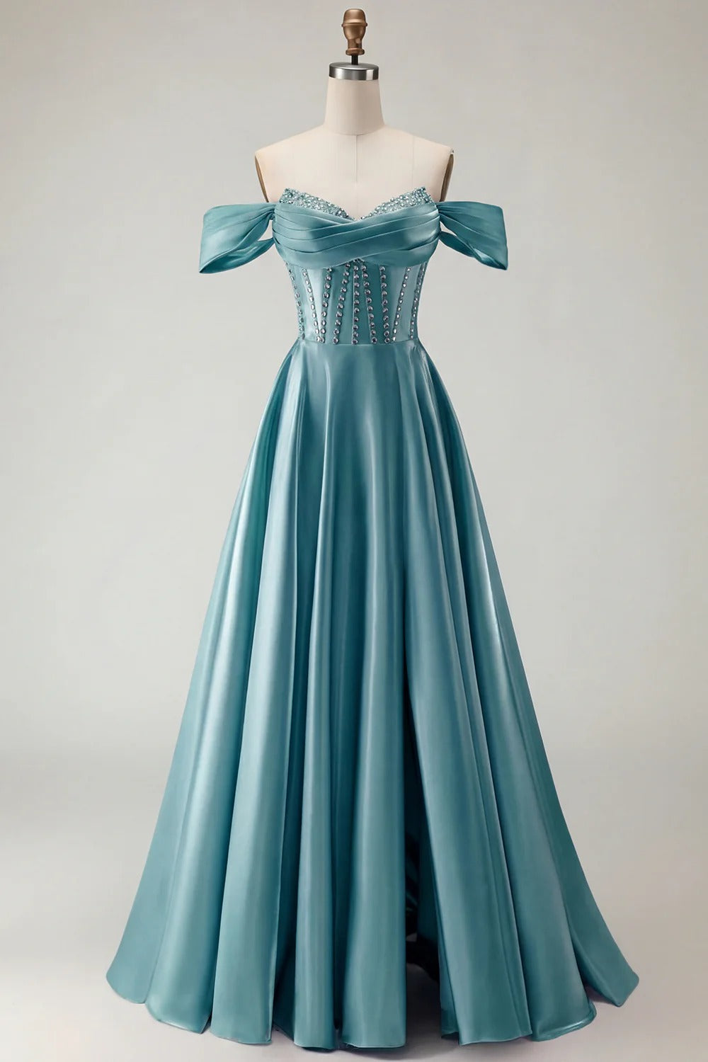 HEULORIA Off-the-Shoulder Sequin Beaded Satin Prom Dress with Slit & Corset Back ED-586