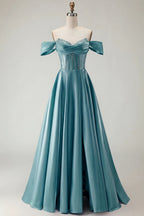 HEULORIA Off-the-Shoulder Sequin Beaded Satin Prom Dress with Slit & Corset Back ED-586