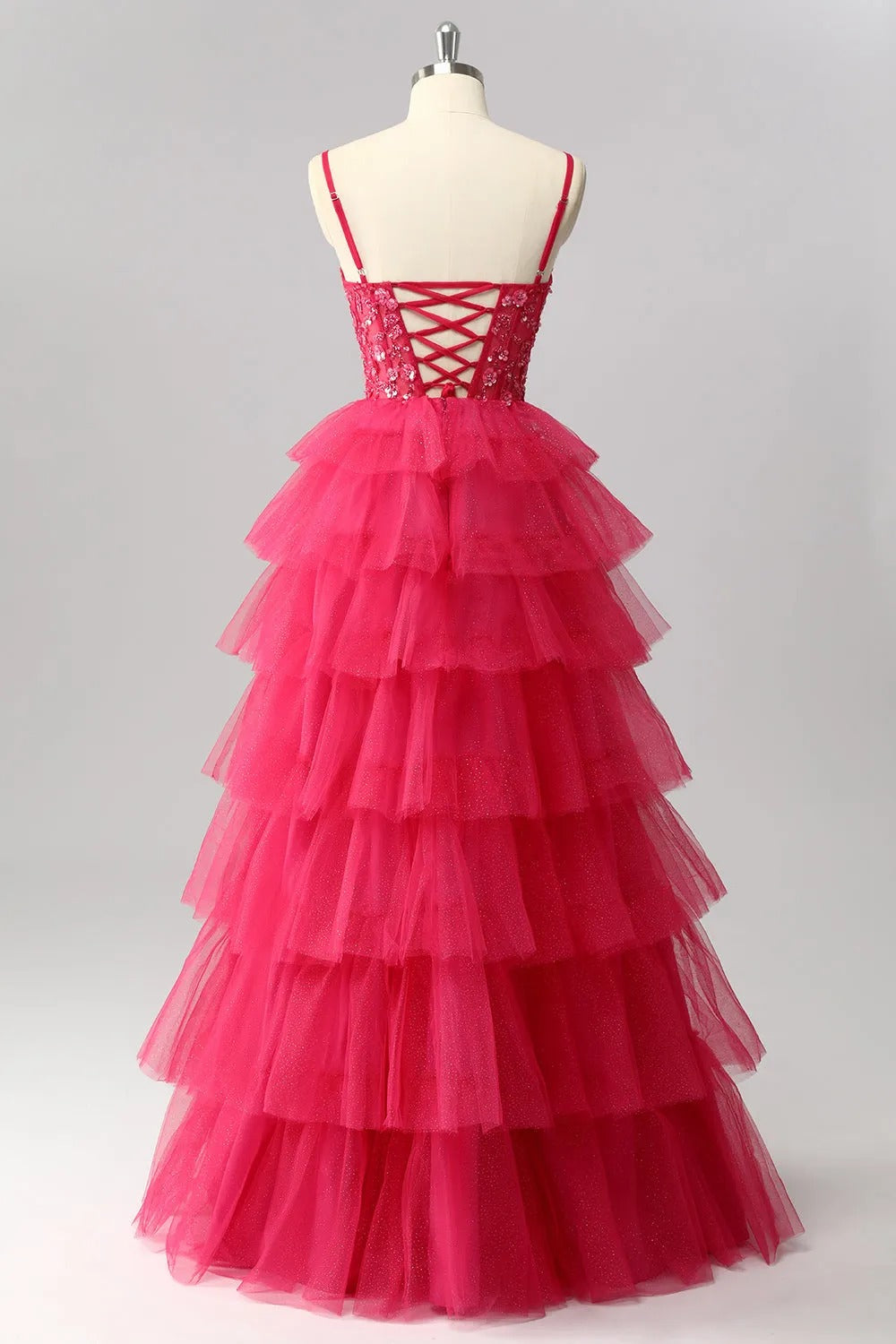 HEULORIA Fuchsia V-Neck Tiered Tulle Prom Dress with Sequin Floral Bodice and Lace-Up Back ED-222