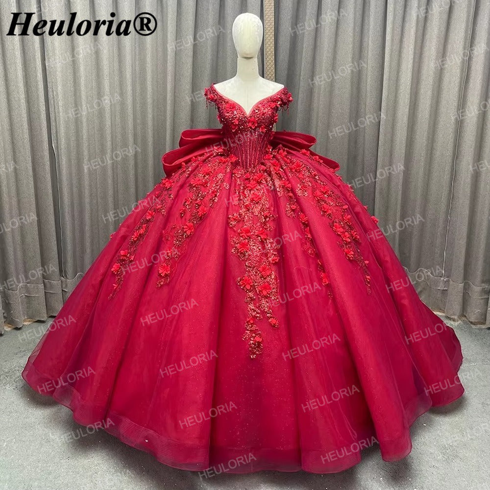 Red Off-Shoulder 3D Floral Corset Ball Gown Quinceañera Dress with Bow BA-48