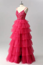 HEULORIA Fuchsia V-Neck Tiered Tulle Prom Dress with Sequin Floral Bodice and Lace-Up Back ED-222