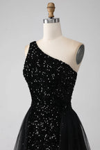 HEULORIA Black One-Shoulder Sequin Prom Dress with Sheer Tulle Overlay ED-105