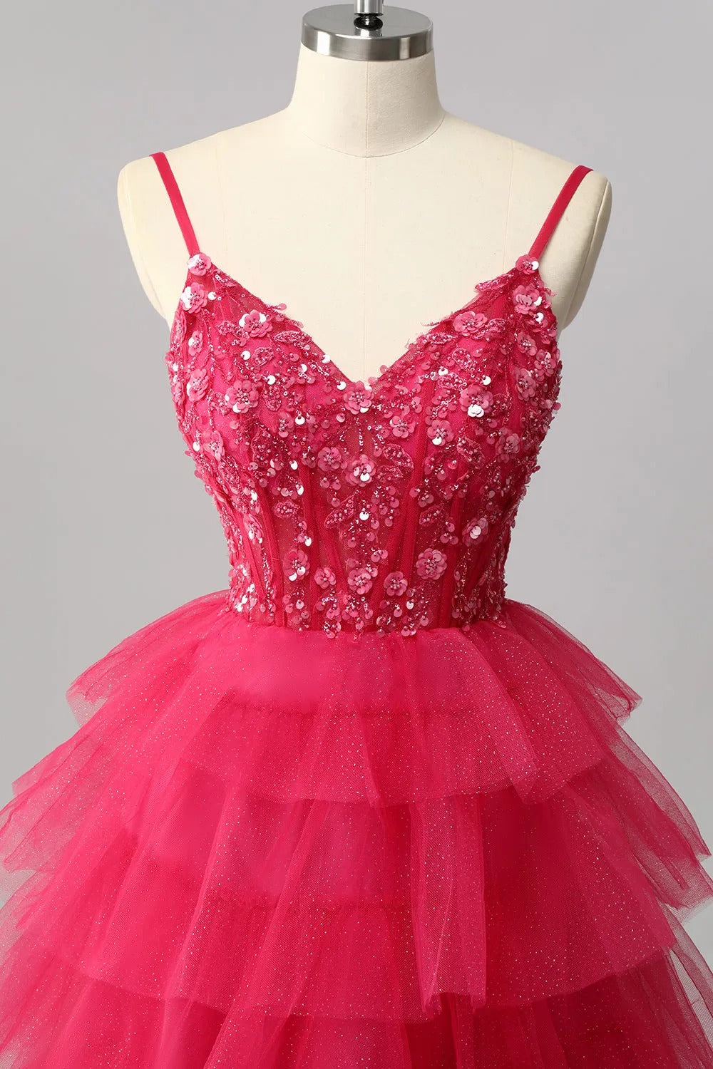 HEULORIA Fuchsia V-Neck Tiered Tulle Prom Dress with Sequin Floral Bodice and Lace-Up Back ED-222
