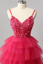 HEULORIA Fuchsia V-Neck Tiered Tulle Prom Dress with Sequin Floral Bodice and Lace-Up Back ED-222