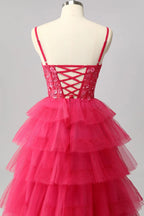 HEULORIA Fuchsia V-Neck Tiered Tulle Prom Dress with Sequin Floral Bodice and Lace-Up Back ED-222