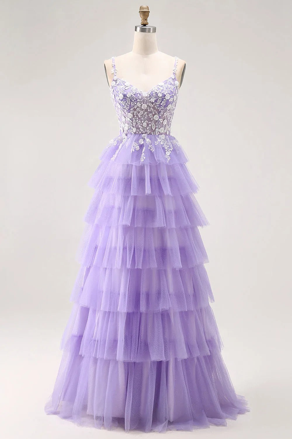 HEULORIA Enchanting Lavender Tiered Tulle Prom Dress - Floral Lace Bodice & Lace-Up Back ED-225