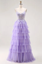 HEULORIA Enchanting Lavender Tiered Tulle Prom Dress - Floral Lace Bodice & Lace-Up Back ED-225