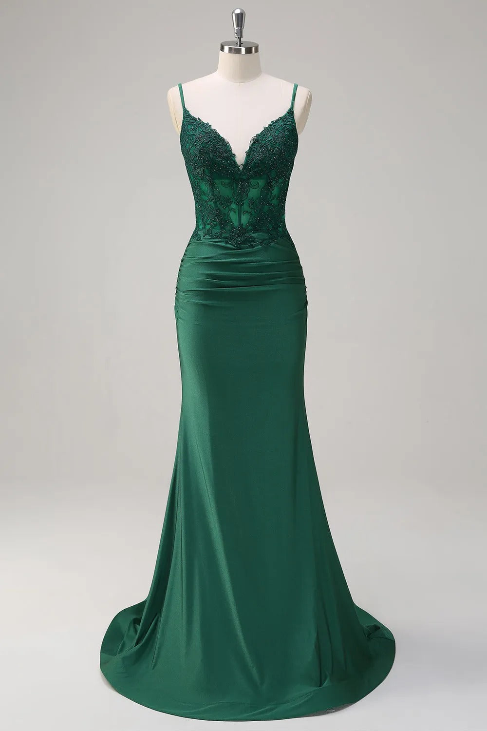 HEULORIA Emerald Green Lace Bodice Mermaid Evening Gown with Spaghetti Straps and Ruched Back formal dresses ED-218