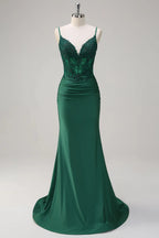 HEULORIA Emerald Green Lace Bodice Mermaid Evening Gown with Spaghetti Straps and Ruched Back formal dresses ED-218