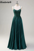HEULORIA Emerald Green Lace Satin A-Line Prom Dress with Lace-Up Back ED-359