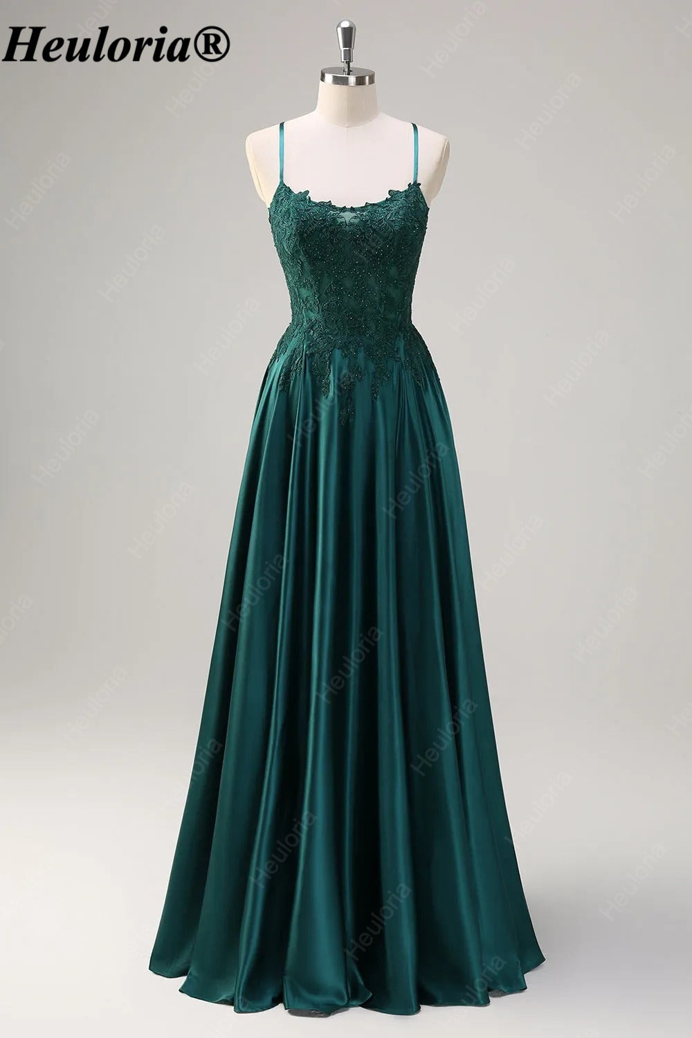 HEULORIA Emerald Green Lace Satin A-Line Prom Dress with Lace-Up Back ED-359