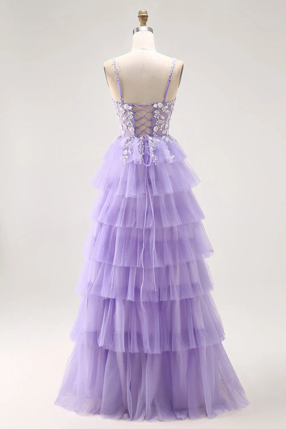 HEULORIA Enchanting Lavender Tiered Tulle Prom Dress - Floral Lace Bodice & Lace-Up Back ED-225