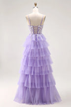 HEULORIA Enchanting Lavender Tiered Tulle Prom Dress - Floral Lace Bodice & Lace-Up Back ED-225