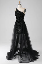 HEULORIA Black One-Shoulder Sequin Prom Dress with Sheer Tulle Overlay ED-105