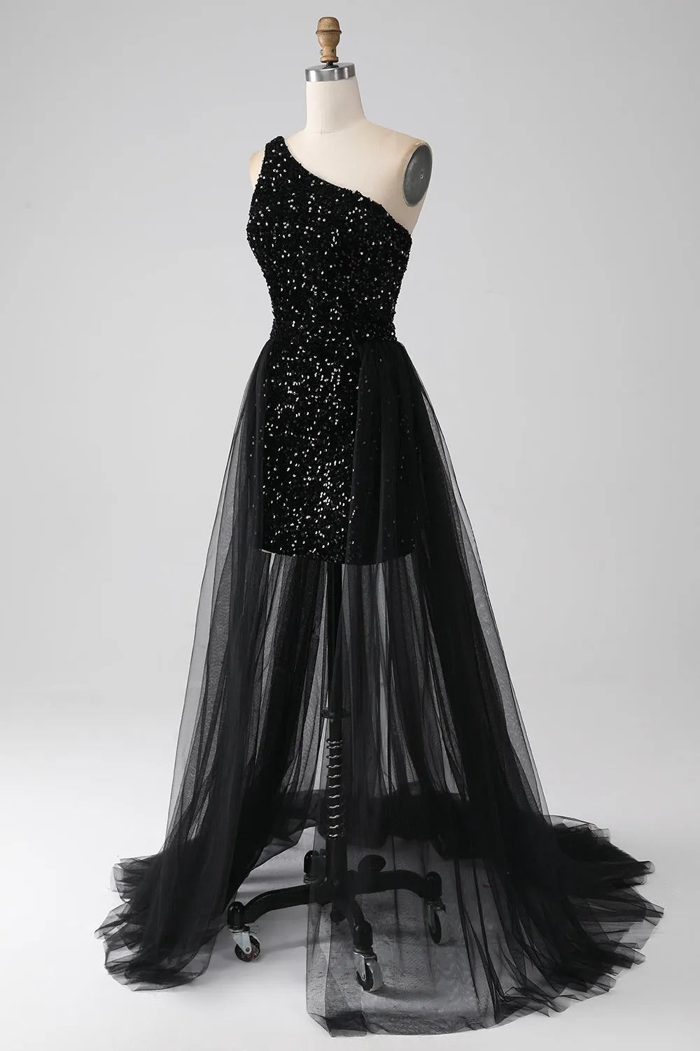 HEULORIA Black One-Shoulder Sequin Prom Dress with Sheer Tulle Overlay ED-105