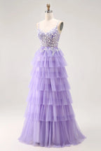 HEULORIA Enchanting Lavender Tiered Tulle Prom Dress - Floral Lace Bodice & Lace-Up Back ED-225