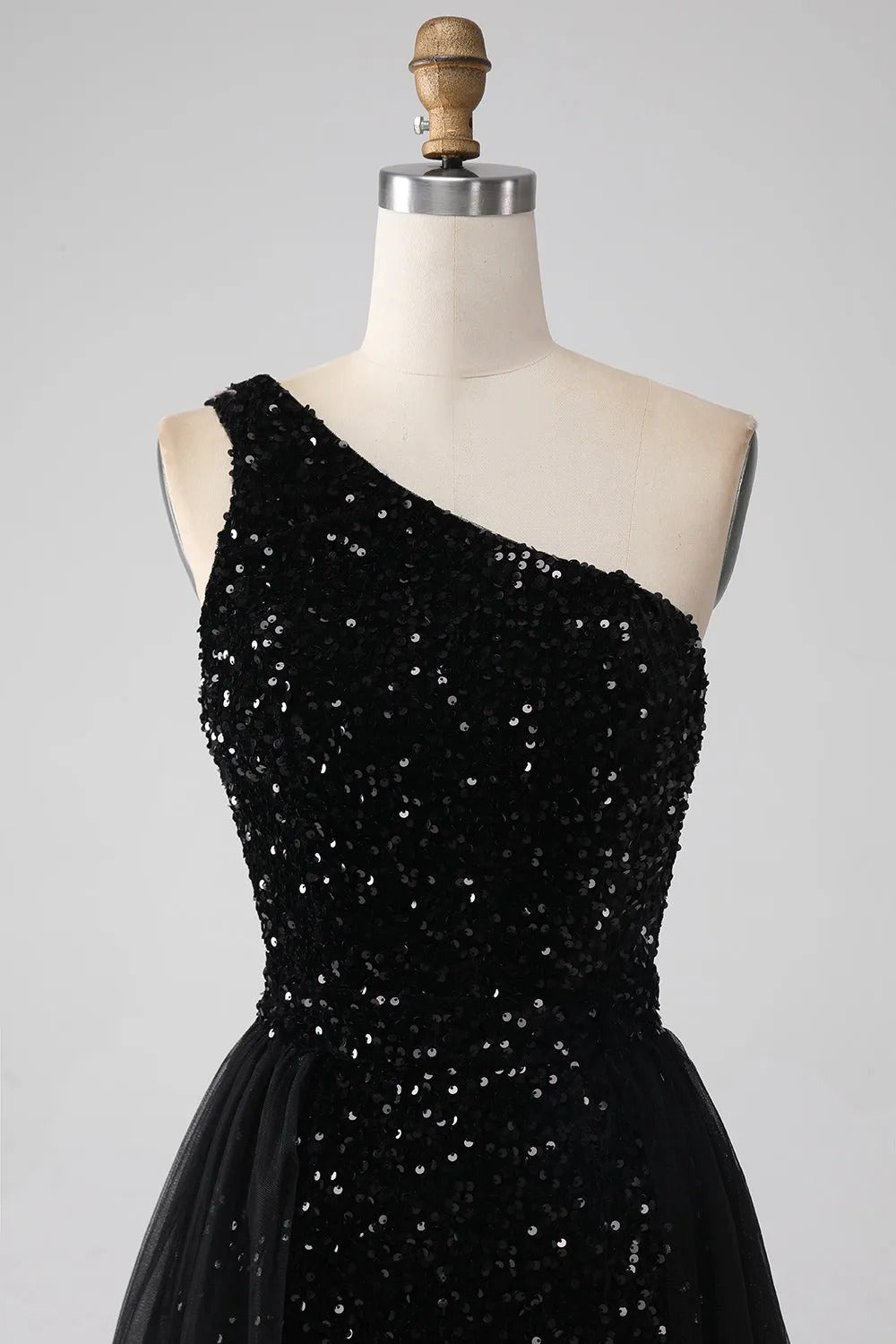 HEULORIA Black One-Shoulder Sequin Prom Dress with Sheer Tulle Overlay ED-105