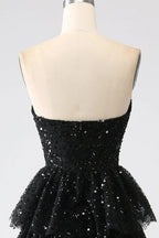 HEULORIA Black Strapless Sequin Tiered A-Line Evening Dress with Train ED-104