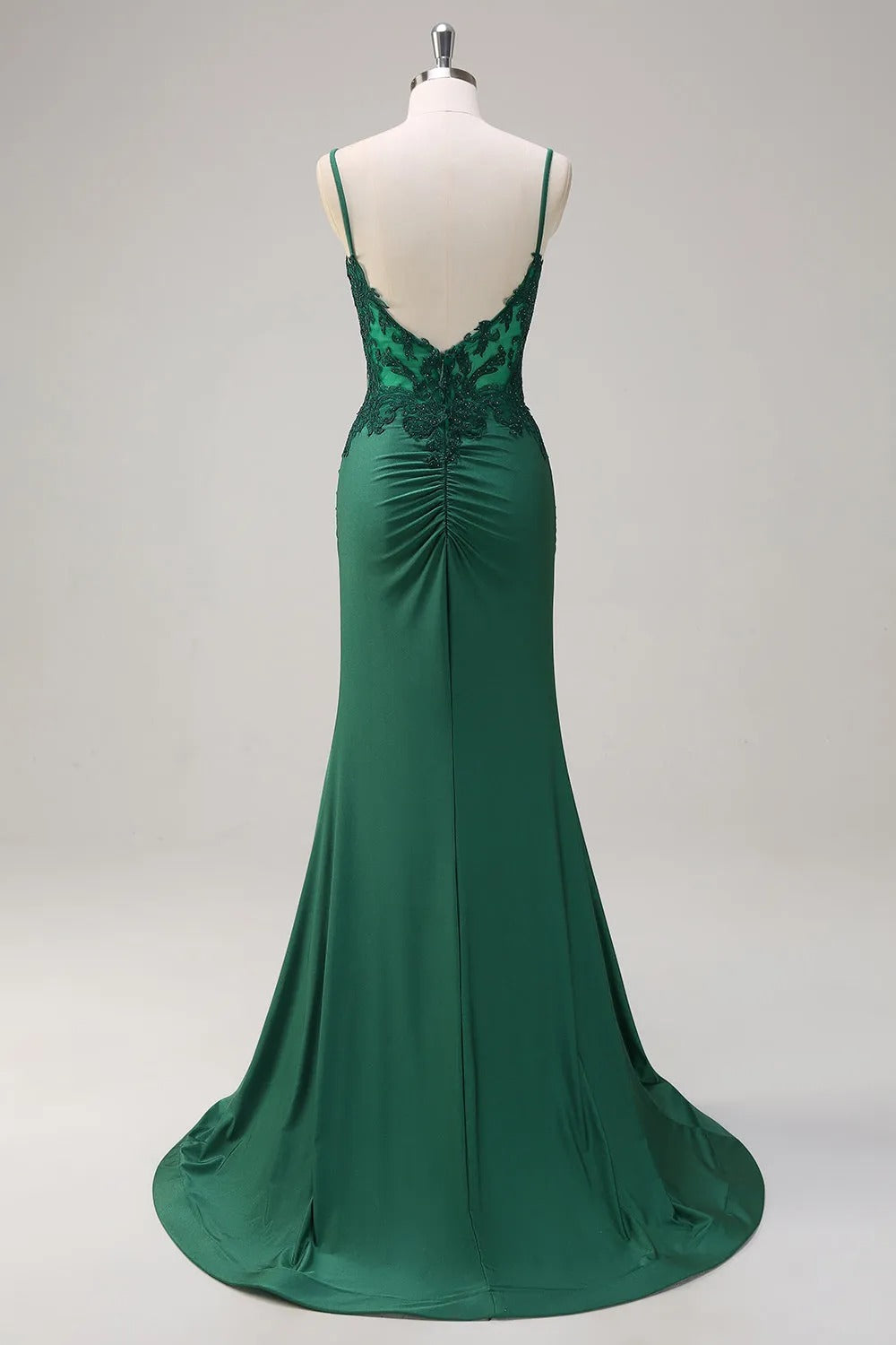 HEULORIA Emerald Green Lace Bodice Mermaid Evening Gown with Spaghetti Straps and Ruched Back formal dresses ED-218