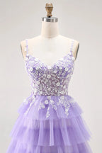 HEULORIA Enchanting Lavender Tiered Tulle Prom Dress - Floral Lace Bodice & Lace-Up Back ED-225