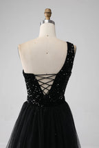 HEULORIA Black One-Shoulder Sequin Prom Dress with Sheer Tulle Overlay ED-105
