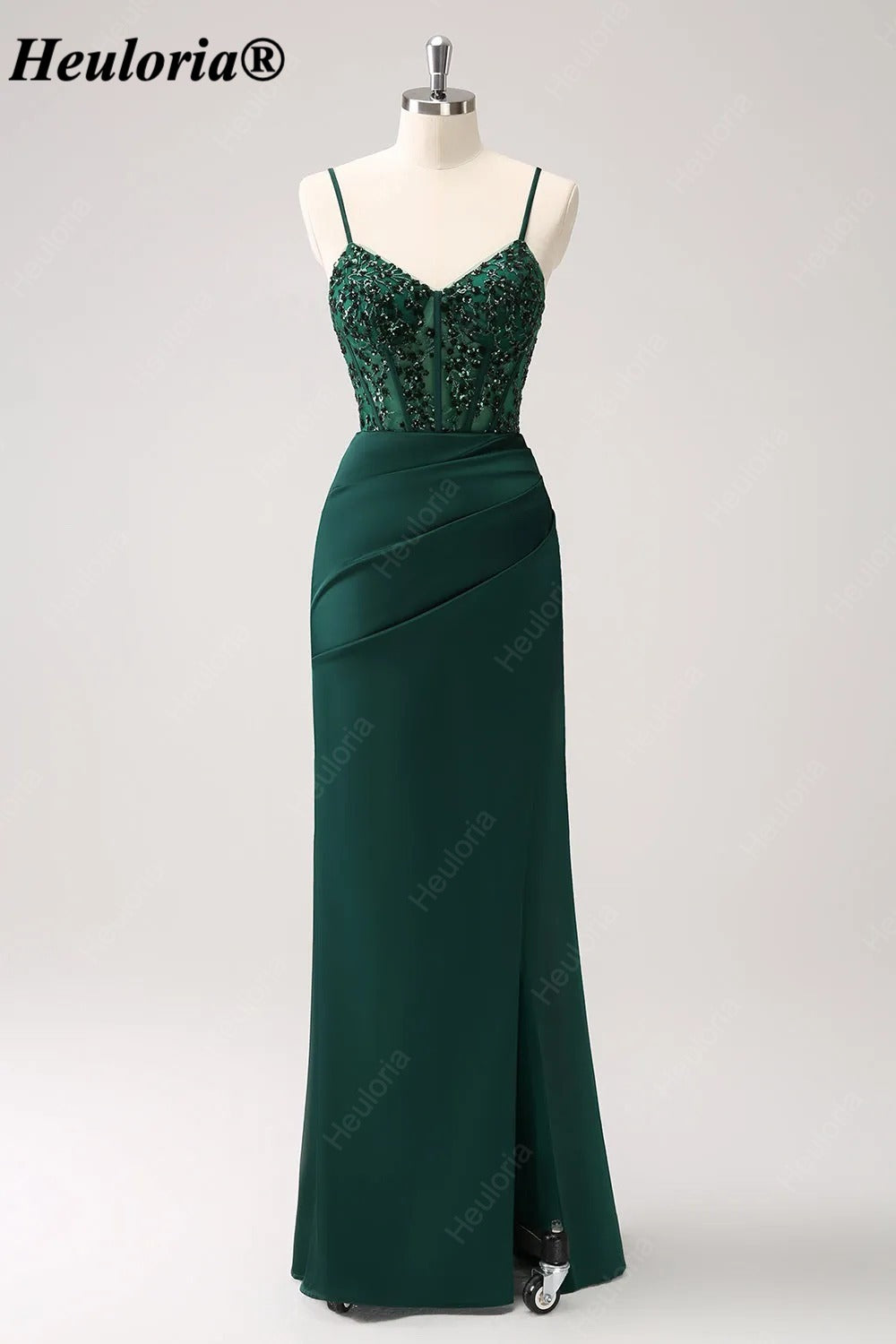 Emerald Green Sequin Corset Spaghetti Strap Evening Dress with Slit ED-228