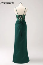 Emerald Green Sequin Corset Spaghetti Strap Evening Dress with Slit ED-228