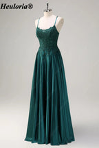 HEULORIA Emerald Green Lace Satin A-Line Prom Dress with Lace-Up Back ED-359