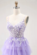 HEULORIA Enchanting Lavender Tiered Tulle Prom Dress - Floral Lace Bodice & Lace-Up Back ED-225