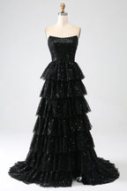 HEULORIA Black Strapless Sequin Tiered A-Line Evening Dress with Train ED-104