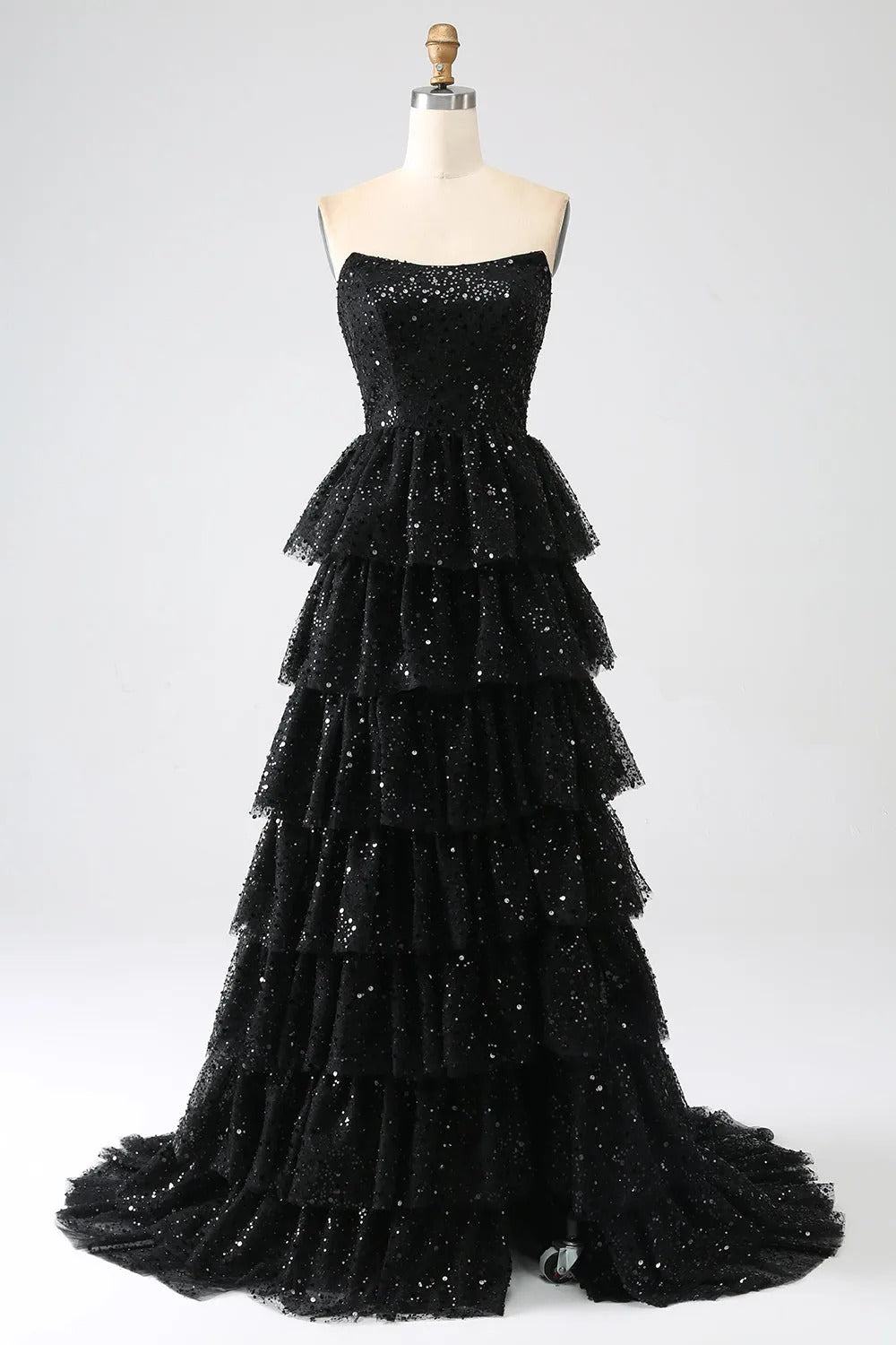 HEULORIA Black Strapless Sequin Tiered A-Line Evening Dress with Train ED-104