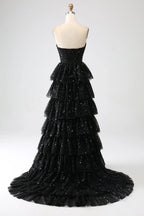 HEULORIA Black Strapless Sequin Tiered A-Line Evening Dress with Train ED-104