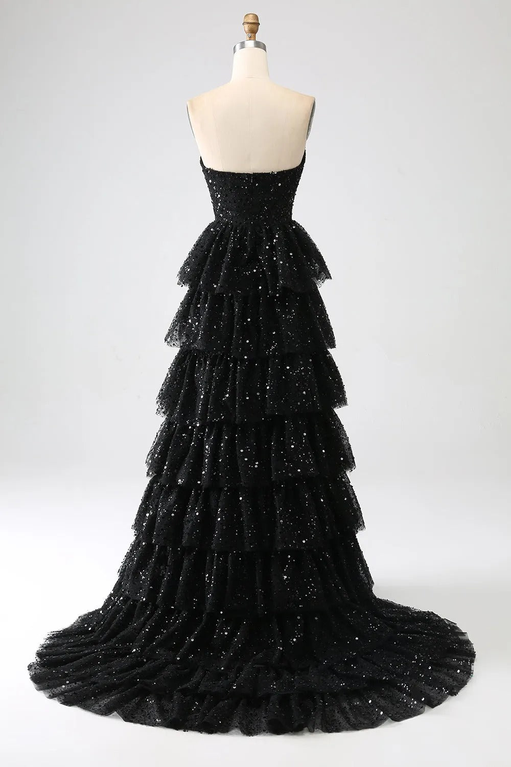 HEULORIA Black Strapless Sequin Tiered A-Line Evening Dress with Train ED-104