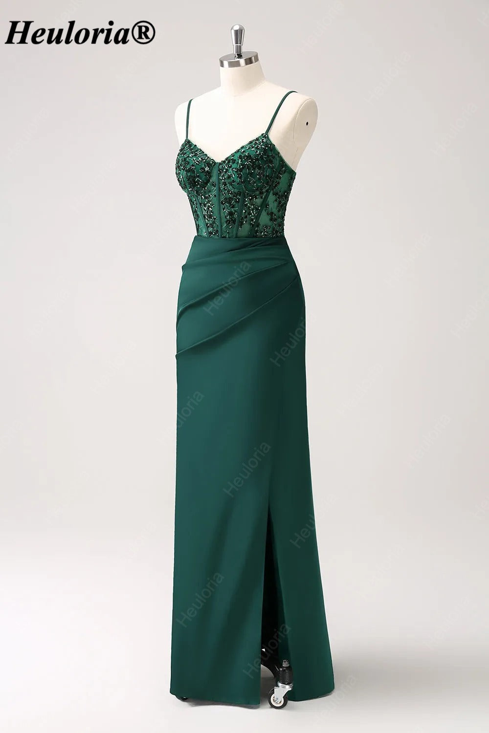 Emerald Green Sequin Corset Spaghetti Strap Evening Dress with Slit ED-228