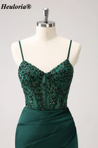 Emerald Green Sequin Corset Spaghetti Strap Evening Dress with Slit ED-228