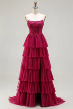 HEULORIA Fuchsia Strapless Tiered Tulle Evening Gown - Floral Lace Sequin Corset Prom Dress ED-224