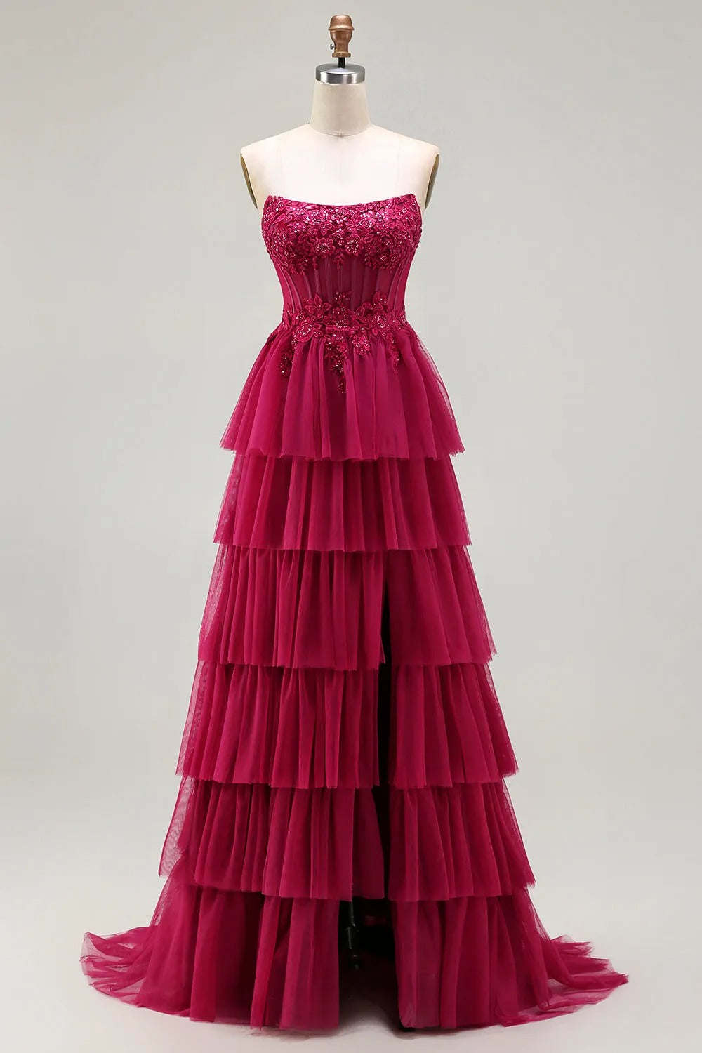 HEULORIA Fuchsia Strapless Tiered Tulle Evening Gown - Floral Lace Sequin Corset Prom Dress ED-224