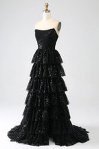 HEULORIA Black Strapless Sequin Tiered A-Line Evening Dress with Train ED-104