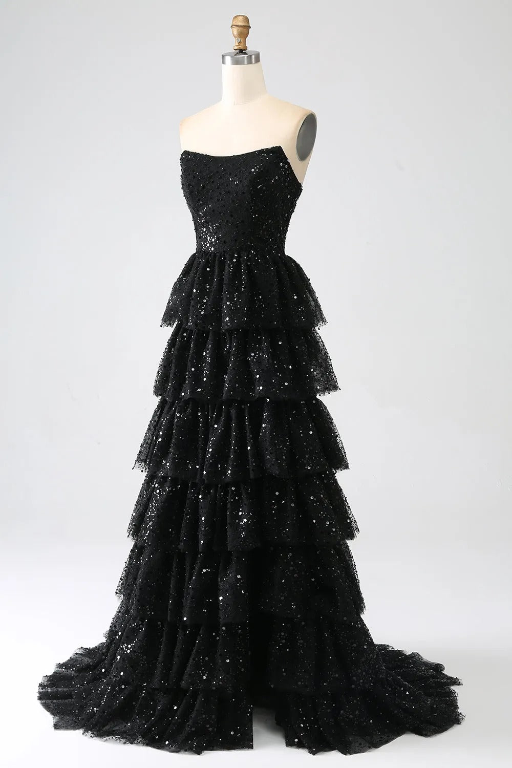 HEULORIA Black Strapless Sequin Tiered A-Line Evening Dress with Train ED-104