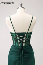 Emerald Green Sequin Corset Spaghetti Strap Evening Dress with Slit ED-228