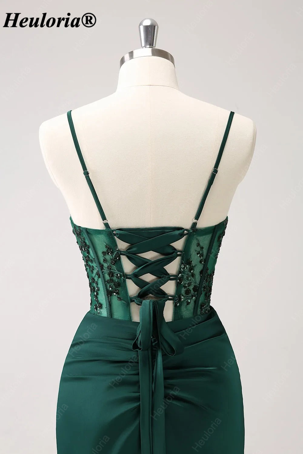 Emerald Green Sequin Corset Spaghetti Strap Evening Dress with Slit ED-228